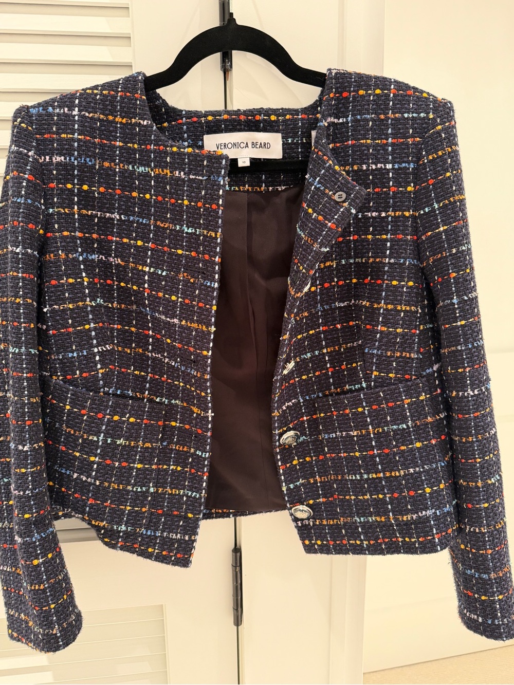Veronica Beard Navy Multicolor Tweed Collarless Blazer